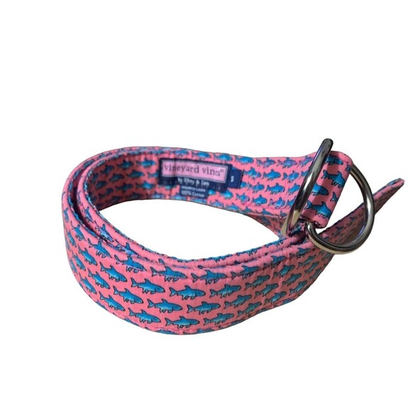 Vineyard Vines Boys D-Ring Pink Canvas Shark Belt Sz S 100%Cotton Coastal Preppy - Picture 3 of 6